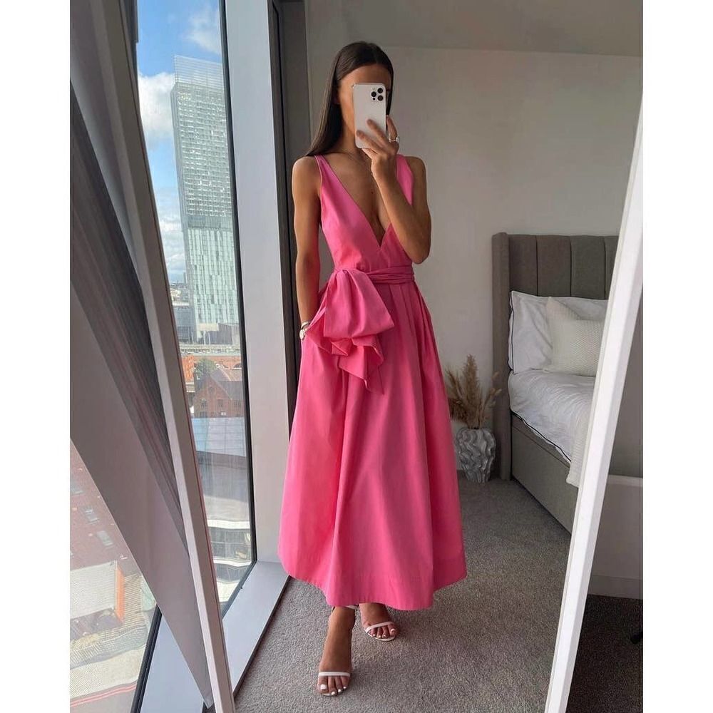 Zara Bow Pink Midi Dress Deep Plunge Poplin New Barbiecore Barbie - Picture 2 of 16